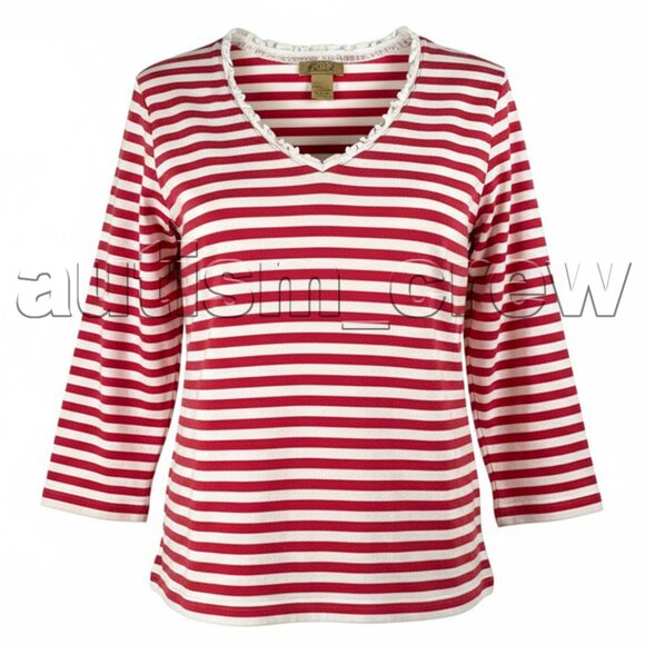 3/$12 💥♻ EUC Peck & Peck V-Neck Red/White | 3/4 Sleeve Blouse | Sz XL/1X | 373 - Picture 1 of 7
